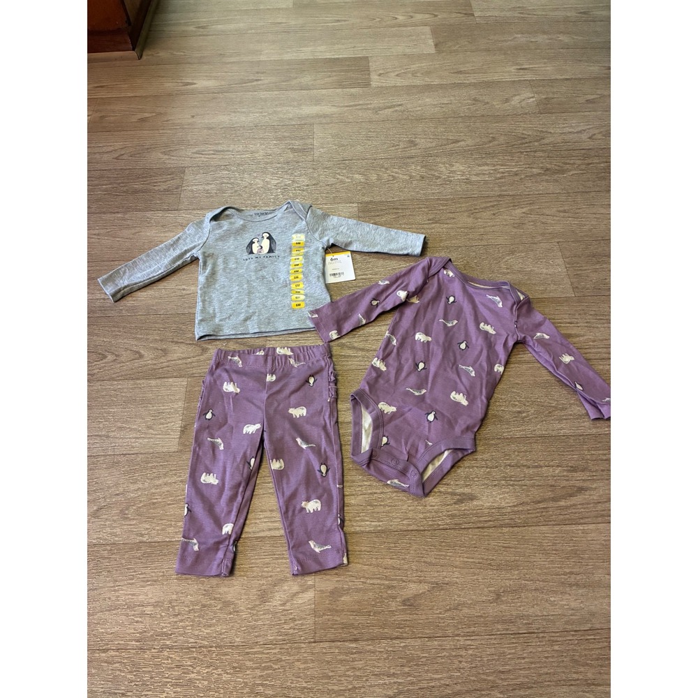 Carters Baby Girls 3 Piece Set Penguin Polar Bear Gray Purple 6 Months NWT